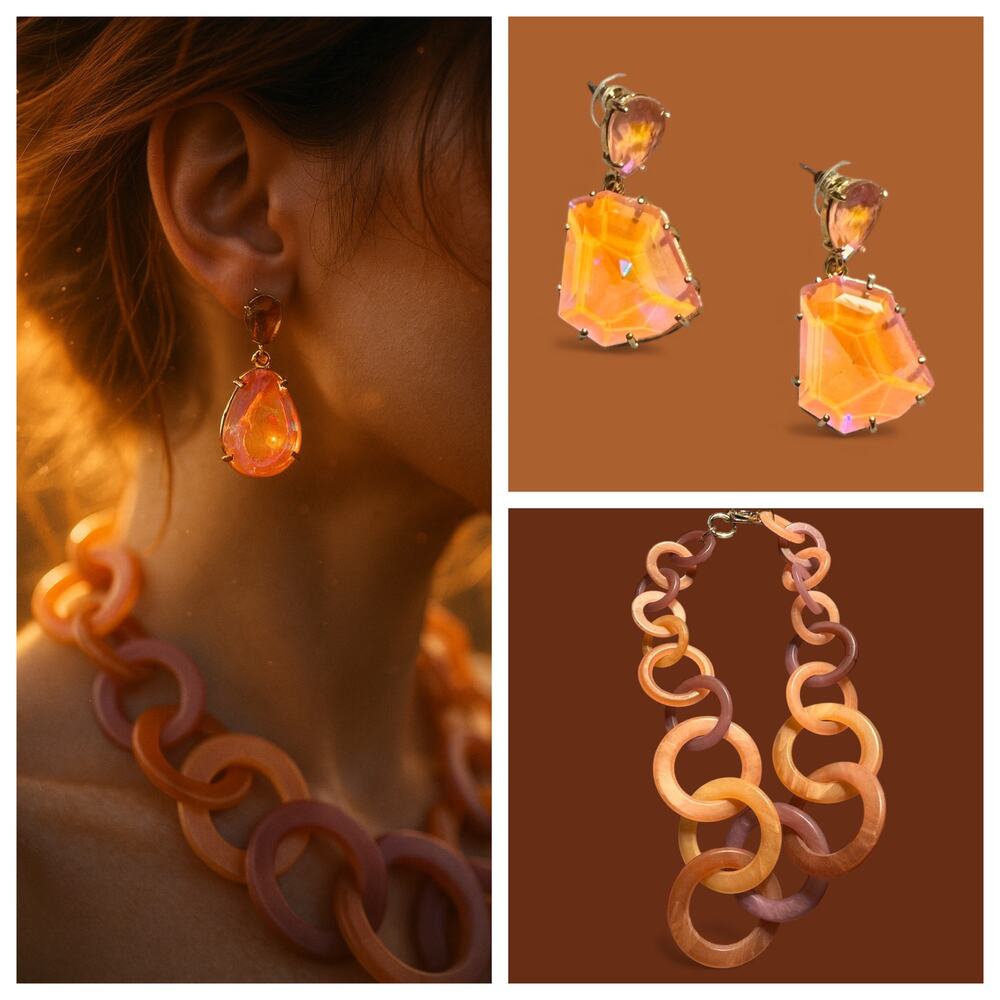 Peach Lucite Link Necklace & Faceted Drop Earrings Set